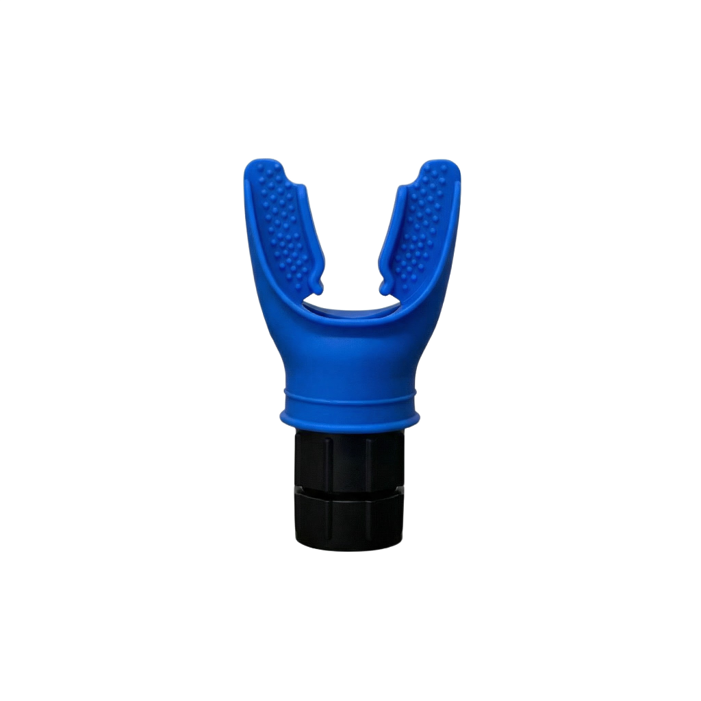 Blue resistance-based breathing trainer on a white background