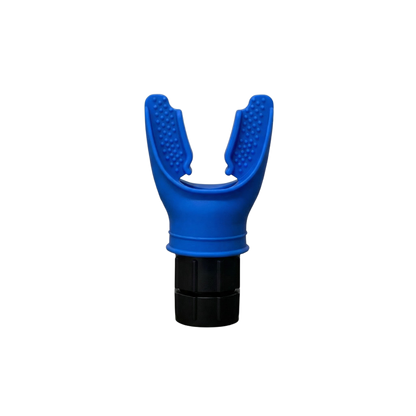 Blue resistance-based breathing trainer on a white background