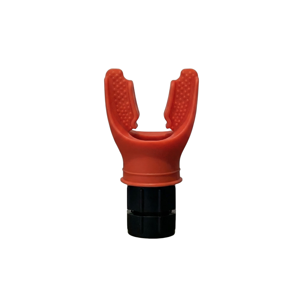 Red resistance-based breathing trainer on a white background