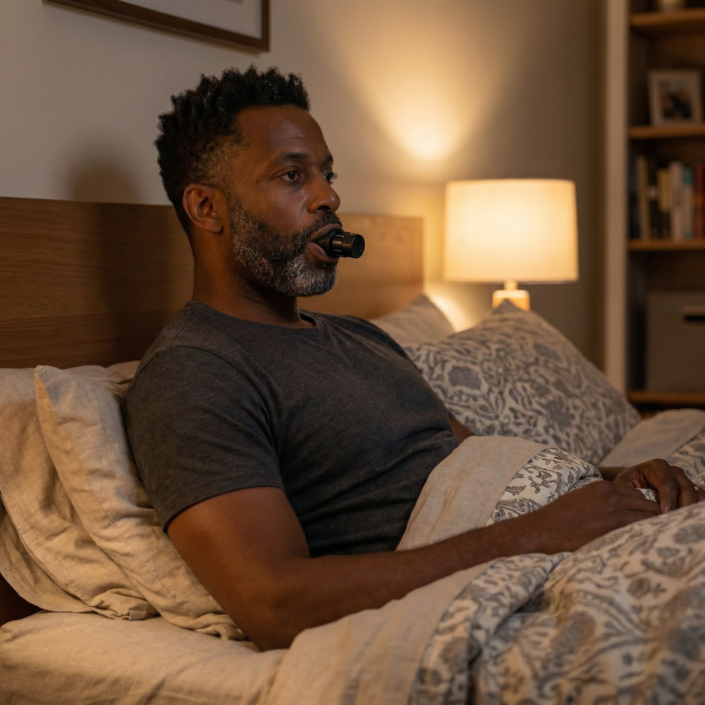 Black man in his mid-40s using a resistance breathing trainer while sitting upright in bed at night, calm and focused in a softly lit bedroom setting