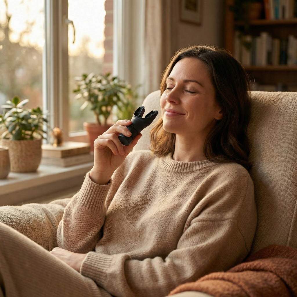 Woman using a nhayl breathing device at home to slow down after a long day