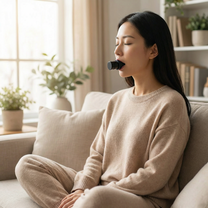Asian woman seated at home using a resistance breathing trainer for a calm, intentional breathing reset