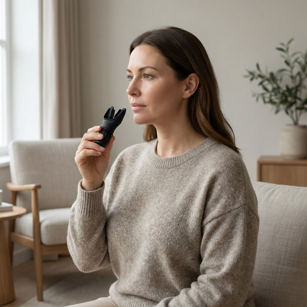 Woman holding a black resistance-based breathing trainer near her lips in a neutral home setting