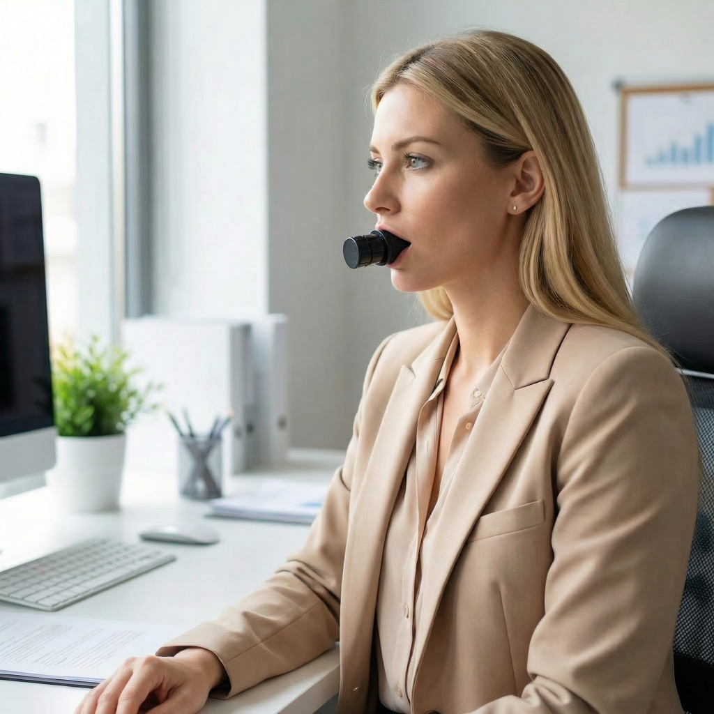 Woman using a resistance breathing trainer at her desk for a focused nervous system reset during the workday